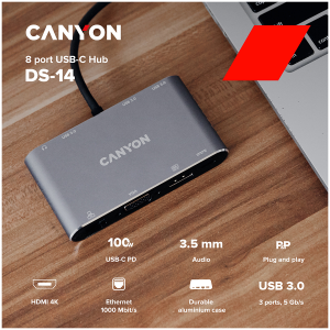 CANYON DS-14, hub USB C 8 în 1, cu 1*HDMI: 4K*30Hz, 1*VGA, 1*port de încărcare PD de tip C, intrare PD max. 100W. 3*USB3.0, viteză de transfer de până la 5 Gbps. 1*Glgabit Ethernet, mufă audio 1*3,5 mm, cablu 15 cm, carcasă din aliaj de aluminiu, 95*55*17
