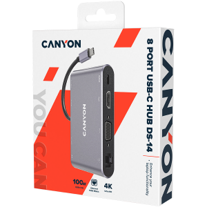 CANYON DS-14, hub USB C 8 în 1, cu 1*HDMI: 4K*30Hz, 1*VGA, 1*port de încărcare PD de tip C, intrare PD max. 100W. 3*USB3.0, viteză de transfer de până la 5 Gbps. 1*Glgabit Ethernet, mufă audio 1*3,5 mm, cablu 15 cm, carcasă din aliaj de aluminiu, 95*55*17