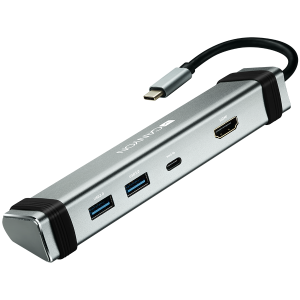 CANYON DS-3, Multiport Docking Station with 4 ports:1*Type C male+1*Type C female+2*USB3.0+1*HDMI, Input 100-240V, Output USB-C PD 5-20V/3A&USB- A 5V/1A, cable 0.12m, Space gray, 150.8*33.7*24mm, 0.112kg