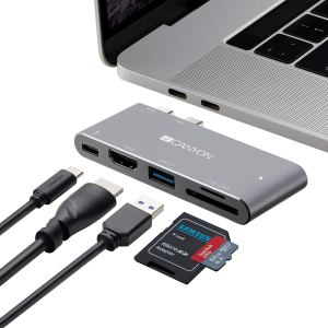 CANYON DS-5, Multiport Docking Station with 5 port, with Thunderbolt 3 Dual type C male port, 1*Thunderbolt 3 female+1*HDMI+1*USB3.0+1*SD+1*TF. Input 100-240V, Output USB-C PD100W&USB-A 5V/1A, Aluminium alloy, Space gray, 90*41*11mm, 0.04kg