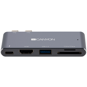 CANYON DS-5, Multiport Docking Station with 5 ports, with Thunderbolt 3 Dual type C male port, 1*Thunderbolt 3 female+1*HDMI+1*USB3.0+1*SD+1*TF. Input 100-240V, Output USB-C PD100W&USB-A 5V/1A, Aluminum alloy, Space gray, 90*41*11mm, 0.04kg