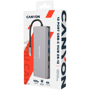 CANYON DS-12, 13 in 1 USB C hub, with 2*HDMI, 3*USB3.0: support max. 5Gbps, 1*USB2.0: support max. 480Mbps, 1*PD: support max 100W PD, 1*VGA,1* Type C data, 1*Glgabit Ethernet, 1*3.5mm audio jack, cable 15cm, Aluminum alloy housing,130*57.5*15 mm, Dark gr