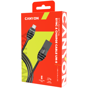 CANYON UM-5, cablu standard Micro USB 2.0, ieșire putere și date, 5V 2A, OD 3,5 mm, jachetă metalică, 1 m, culoare pistol, 0,04 kg