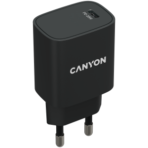 CANYON H-20, PD 20W Input: 100V-240V, Output: 1 port charge: USB-C:PD 20W (5V3A/9V2.22A/12V1.67A), Eu plug, Over-Voltage, over-heated, over- current and short circuit protection Compliant with CE RoHs, ERP. Size: 80*42.3*30mm, 55g, Black