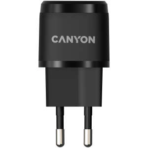 CANYON H-20-05, PD 20W Input: 100V-240V, Output: 1 port charge: USB-C:PD 20W (5V3A/9V2.22A/12V1.66A), Eu plug, Over-Voltage, over-heated, over-current and short circuit protection Compliant with CE RoHs, ERP. Size: 68.5*29.2*29.4mm, 32.5g, Black