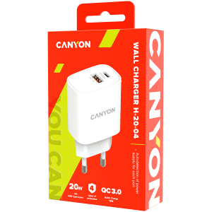 CANYON H-20-04, PD 20W/QC3.0 18W WALL Charger with 1-USB A+ 1-USB-C   Input: 100V-240V, Output: 1 port charge: USB-C:PD 20W (5V3A/9V2.22A/12V1.67A) , USB-A:QC3.0 18W (5V3A/9V2.0A/12V1.5A), 2 port charge: common charge,  total 5V, 3A, Eu plug  , Over- Volt