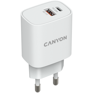 CANYON H-20-04, PD 20W/QC3.0 18W WALL Charger with 1-USB A+ 1-USB-C Input: 100V-240V, Output: 1 port charge: USB-C:PD 20W (5V3A/9V2.22A /12V1.67A), USB-A:QC3.0 18W (5V3A/9V2.0A/12V1.5A), 2 port charge: common charge, total 5V, 3A, Eu plug, Over-Volt