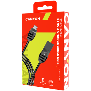 CANYON UC-5, Type C USB 2.0 standard cable, Power & Data output, 5V 2A, OD 3.5mm, metallic Jacket, 1m, gun color, 0.04kg