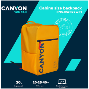 CANYON CSZ-02, rucsac dimensiune cabină pentru laptop de 15,6 inchi, poliester, galben