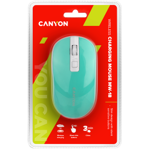CANYON MW-18, 2.4GHz Wireless Rechargeable Mouse with Pixart sensor, 4keys, Silent switch for right/left keys, Add NTC DPI: 800/1200/1600, Max. usage 50 hours for one time fully charged, 300mAh Li-poly battery,, Aquamarine, cable length 0.56m, 116.4*63.3*