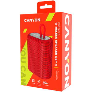 CANYON BSP-4, difuzor Bluetooth, BT V5.0, BLUETRUM AB5365A, suport card TF, port USB tip C, baterie polimer de 1200 mAh, roșu, lungime cablu 0,42 m, 114*93*51 mm, 0,29 kg