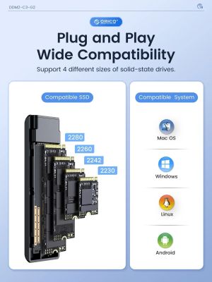 Orico Storage - Case - M.2 NVMe/SATA M/B key - USB3.1 Type-C Gen.2 10Gbps - DDNV-C3-G2-BK-BP