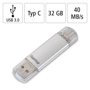 Hama "C-Laeta" USB Flash Drive, Type-C USB 3.1/USB 3.0, 32 GB, 40 MB/s, silver