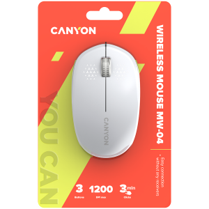 CANYON MW-04, Bluetooth Wireless optical mouse with 3 buttons, DPI 1200 , with 1pc AA canyon turbo Alkaline battery, White, 103*61*38.5mm, 0.047kg