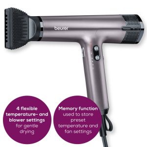 Hair dryer Beurer HC 100 Excellence Hair dryer, ECO technology, lightweight and ergonomic, Slim, magnetic nozzle and diffuser, Ion function, 4 temperature and blower settings, Integrated memory function