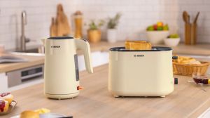 Toaster Bosch TAT2M127, MyMoment Compact toaster, 950 W, Auto power off, Defrost and reheat setting, Integrated warming grid, High lift, Cream
