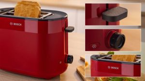 Toaster Bosch TAT2M124, MyMoment Compact toaster, 950 W, Auto power off, Defrost and reheat setting, Integrated warming grid, High lift, Red