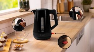 Electric kettle Bosch TWK1M123, MyMoment Plastic Kettle, 2400 W, 1.7 l, Cup indicator, Limescale filter, Triple safety function, Black
