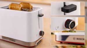 Pâine de pâine Bosch TAT4M221, Pâine de pâine MyMoment Compact, 950 W, Oprire automată, Setare de dezghețare și reîncălzire, Atașament pentru chifle detașabil și pliabil, Înaltă ridicare, Alb
