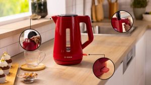 Electric kettle Bosch TWK1M124, MyMoment Plastic Kettle, 2400 W, 1.7 l, Cup indicator, Limescale filter, Triple safety function, Red
