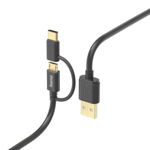 Cablu 2 în 1 HAMA, USB-A - Micro USB, cu adaptor pentru USB-C, 1 m, Gri