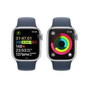 Apple Watch Series 9 GPS 41mm Silver Aluminum Case with Storm Blue Sport Band - S/M