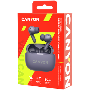 CANYON OnGo TWS-10 ANC+ENC, căști Bluetooth, microfon, BT v5.3 BT8922F, răspuns în frecvență: 20Hz-20kHz, baterie Căști 40mAh*2+carcă de încărcare 500mAH, lungime cablu tip C 24cm, dimensiune 63,97*265. mm 42,5 g, violet