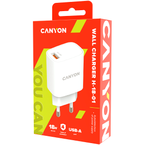 CANYON H-18-01, Încărcător de perete cu 1*USB, QC3.0 18W, Intrare: 100V-240V, Ieșire: DC 5V/3A,9V/2A,12V/1.5A, mufă UE, OCP/OVP/OTP/ SCP, CE, RoHS, ERP. Dimensiune: 80,17*41,23*28,68mm, 50g, alb