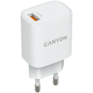 CANYON H-18-01, Wall charger with 1*USB, QC3.0 18W, Input: 100V-240V, Output: DC 5V/3A,9V/2A,12V/1.5A, Eu plug, OCP/OVP/OTP/ SCP, CE, RoHS, ERP. Size: 80.17*41.23*28.68mm, 50g, White