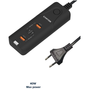 CANYON H-10, Wall charger. CNE-CHA10B Input: 100-240V~50/60Hz 1.0A Max Output1/Output2: DC USB-A QC3.0 5.0V/3.0A,9.0V/2.0A,12.0V/1.5A 18.0W(Max)USB- C PD 5.0V/3.0A,9.0V/2.22A,12.0V/1.67A 20.0W(Max)USB-A+C 5.0V/3.0A 15.0W(Max)Total Power: 40.0W