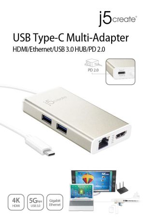 Мултипортов USB-C адаптер j5Create JCA374, HDMI, Ethernet, USB 3.0 хъб, PD 2.0