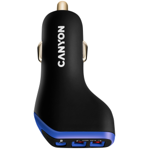 CANYON C-08, Universal 3xUSB car adapter, Input 12V-24V, Output DC USB-A 5V/2.4A(Max) + Type-C PD 18W, with Smart IC, Black+Purple with rubber coating, 71*39*26.2 mm, 0.028kg
