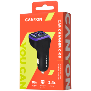 CANYON C-08, Adaptor auto universal 3xUSB, Intrare 12V-24V, Ieșire DC USB-A 5V/2.4A(Max) + Type-C PD 18W, cu Smart IC, Negru+Mov cu acoperire din cauciuc, 71*39*26.2 mm, 0,028 kg