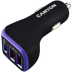 CANYON C-08, Adaptor auto universal 3xUSB, Intrare 12V-24V, Ieșire DC USB-A 5V/2.4A(Max) + Type-C PD 18W, cu Smart IC, Negru+Mov cu acoperire din cauciuc, 71*39*26.2 mm, 0,028 kg