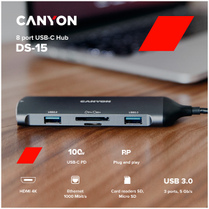 CANYON DS-15, 8 in 1 hub, with 1*HDMI,1*Gigabit Ethernet,1*USB C female:PD3.0 support max60W,1*USB C male:PD3.0 support max100W,2*USB3.1: support max 5Gbps,1*USB2.0:support max 480Mbps, 1*SD, cable 15cm, Aluminum alloy housing,133.24*48.7*15.3mm,Dark