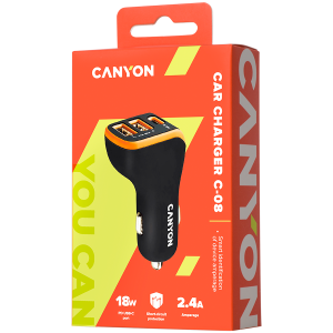 CANYON C-08, Universal 3xUSB car adapter, Input 12V-24V, Output DC USB-A 5V/2.4A(Max) + Type-C PD 18W, with Smart IC, Black+Orange with rubber coating, 71*39*26.2 mm, 0.028kg