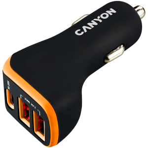 CANYON C-08, Adaptor auto universal 3xUSB, Intrare 12V-24V, Ieșire DC USB-A 5V/2.4A(Max) + Type-C PD 18W, cu Smart IC, Negru+Portocaliu cu acoperire din cauciuc, 71*39*26.2 mm, 0,028 kg