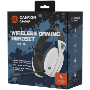 CANYON Ego GH-13, Gaming BT headset, +virtual 7.1 support in 2.4G mode, with chipset BK3288X, BT version 5.2, cable 1.8M, size: 198x184x79mm, White