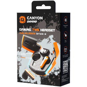 CANYON GTWS-2, căști fără fir pentru jocuri, stereo BT 5.3, latență scăzută de 45 ms, 37,5 ore, USB-C, 0,046 kg, portocaliu