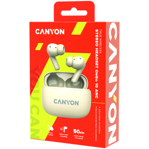 CANYON OnGo TWS-10 ANC+ENC, căști Bluetooth, microfon, BT v5.3 BT8922F, răspuns în frecvență: 20Hz-20kHz, baterie Căști 40mAh*2+carcă de încărcare 500mAH, lungime cablu tip C 24cm, dimensiune 63,97*265. mm 42,5 g, bej