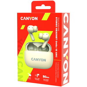 CANYON OnGo TWS-10 ANC+ENC, Bluetooth Headset, microphone, BT v5.3 BT8922F, Frequency Response:20Hz-20kHz, battery Earbud 40mAh*2+Charging case 500mAH, type-C cable length 24cm, size 63.97*47.47*26.5 mm 42.5g, Beige