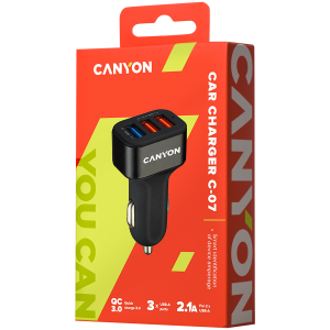 CANYON C-07, Adaptor auto universal 3xUSB (1 USB cu încărcător rapid QC3.0), Intrare 12-24V, Ieșire USB/5V-2.1A+QC3.0/5V-2.4A&9V-2A&12V-1.5A, cu Smart IC , acoperire din cauciuc negru + inel metalic negru + port QC3.0 cu albastru/alte porturi în portocali