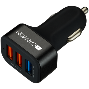 CANYON C-07, Universal 3xUSB car adapter(1 USB with Quick Charger QC3.0),Input 12-24V,Output USB/5V-2.1A+QC3.0/5V-2.4A&9V-2A&12V-1.5A,with Smart IC ,black rubber coating+black metal ring+QC3.0 port with blue/other ports in orange,66*35.2*25.1mm,0.025