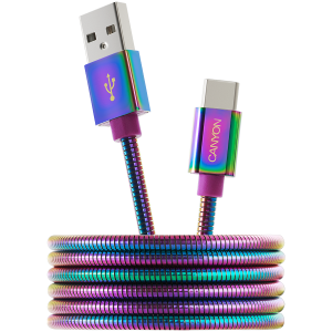 CANYON UC-7, cablu standard USB 2.0 tip C, ieșire de putere 5V/9V 2A, OD 3.8mm, carcasă metalică, lungimea cablului 1.2m, Curcubeu, 14*6*1000mm, 0.04kg