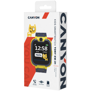 CANYON Tony KW-31, Ceas inteligent pentru copii, ecran colorat de 1,54 inch, Cameră 0,3MP, cartelă SIM Mirco, 32+32MB, GSM(850/900/1800/1900MHz), 7 jocuri în interior, baterie de 380mAh, compatibilitate cu iOS și Android, Galben, gazdă: 54*42,6*13,6mm, cu