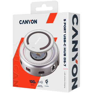 CANYON DS-7, Multiport Docking Station cu 5 porturi, cu incarcator wireless 10W, 2*Tip C+1*HDMI+1*USB3.0+1*USB2.0. Intrare 100-240V, ieșire USB-C PD100W&USB-A 5V/1A, lungime cablu tip c-c 0,3m+micro USB 0,6m, gri spațial, 104*104*28mm, 0,203kg