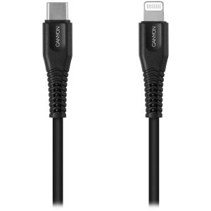 CANYON MFI-4, Type C Cable To MFI Lightning for Apple, PVC Mouling,Function：with full feature( data transmission and PD charging) Output:5V/2.4A , OD:3.5mm, cable length 1.2m, 0.026kg,Color :Black