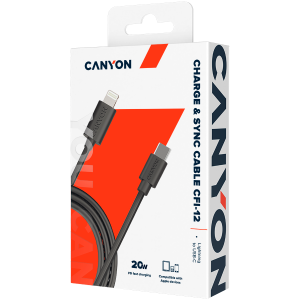 CANYON CFI-12, cable Type C to lightning, 5V3A, 9V2.22A, PD20W, power cord:18AWG*4C, Signal cord:28AWG*4C, data transfer speed:30M/s, OD4.5MM,2M, PVC, black , Rohs