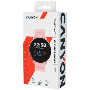 CANYON Lollypop SW-63, ceas inteligent, ecran tactil complet IPS de 1,3 inchi, ceas rotund, impermeabil IP68, mod multi-sport, BT5.0, compatibilitate cu iOS și Android, roz, gazdă: 25,2*42,5*10,7 mm, curea: 20*250mm, 45g