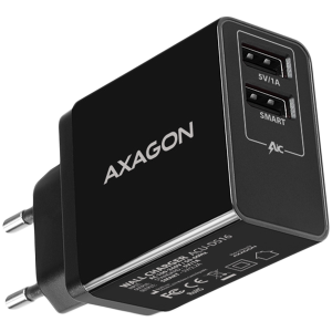 Încărcător de perete dual Axagon <240V / 2x porturi 5V-2.2A + 5V-1A. Putere totala 16W.